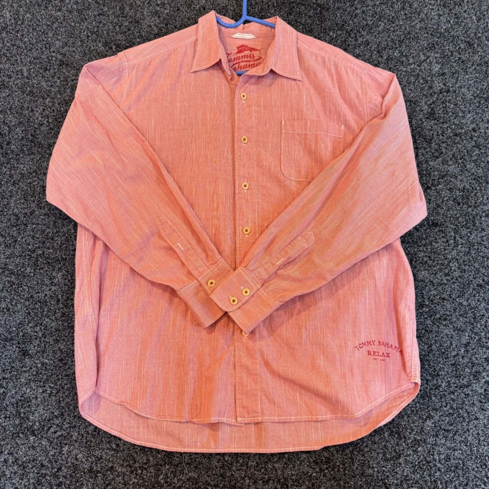 Tommy Bahama Mens‎ Relaxed Fit Striped Button Down Shirt Coral L G Cotton